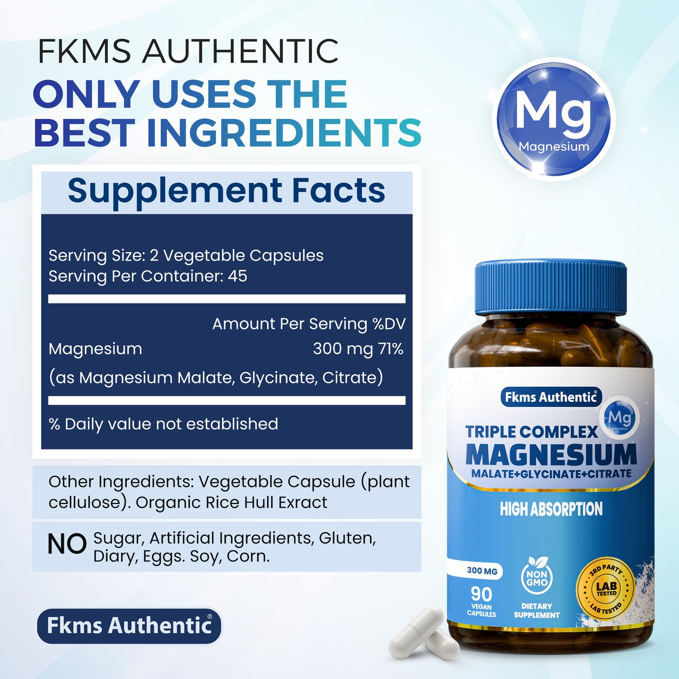 FKMS Authentic supplement facts — 300mg magnesium per 2 capsules as malate, glycinate and citrate
