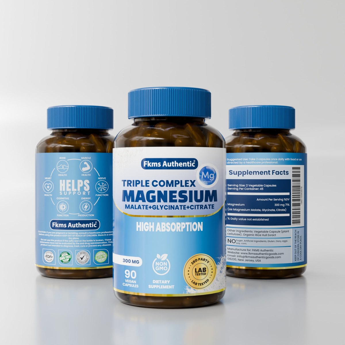 FKMS Authentic Triple Magnesium Complex — front, side and back of bottle